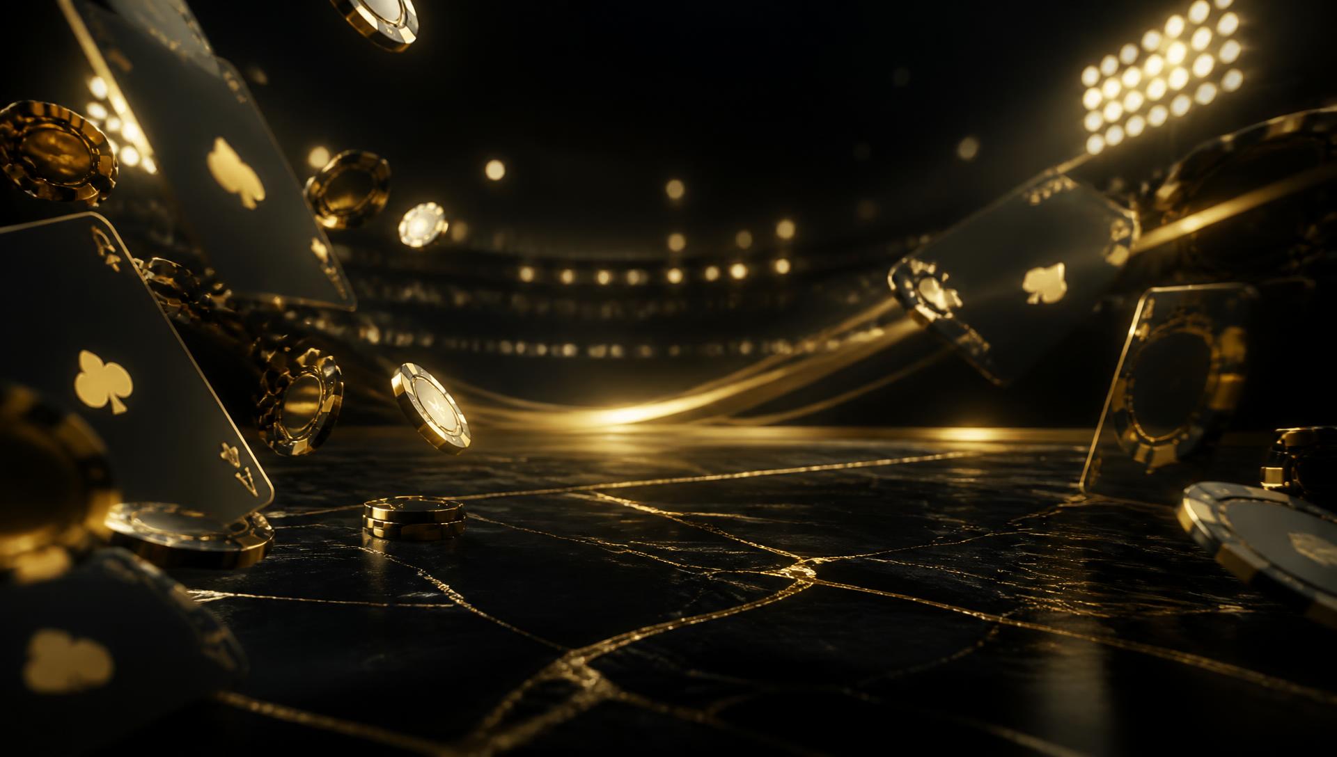 Gold poker chips and playing cards on a dark casino table